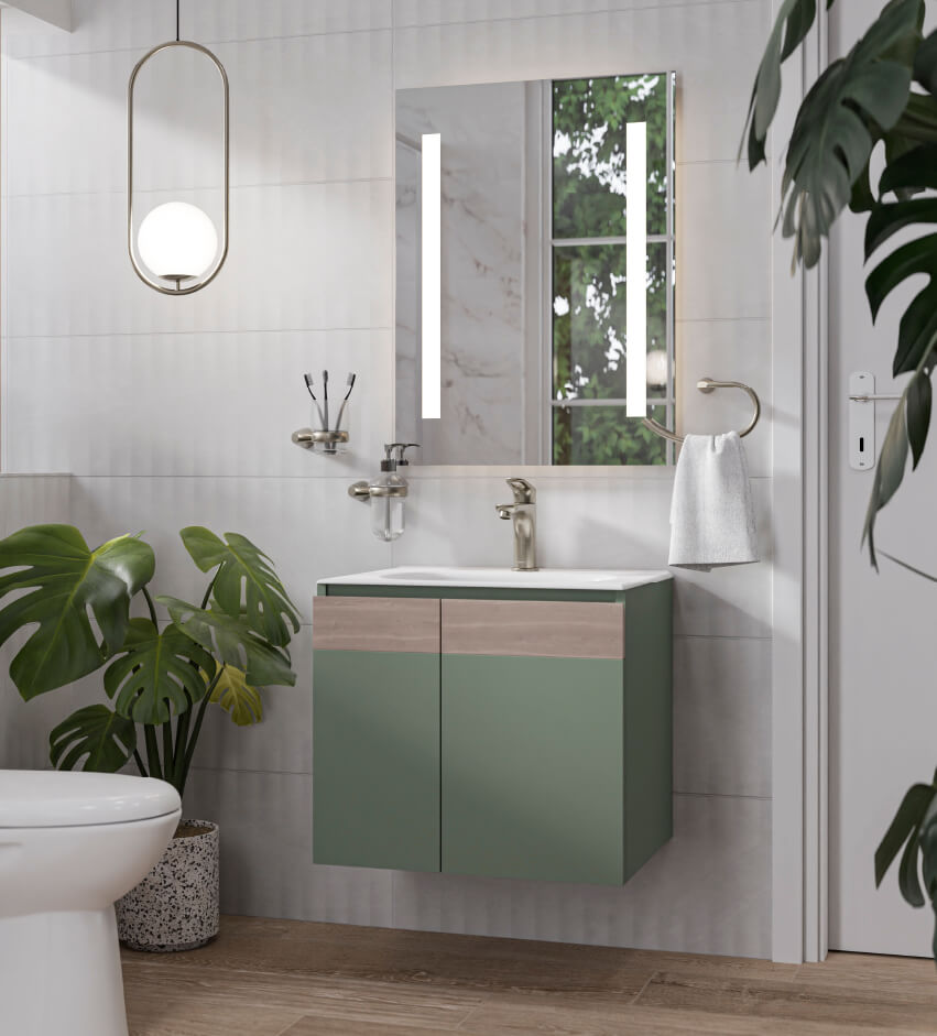 Ambiente baño con espejo Lineal Led 60×80 cm, grifería y kit de accesorios Koral