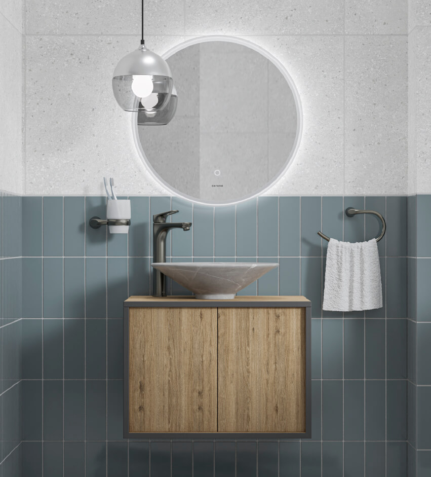 Baño Corona con lavamanos Vento marmolizado, mueble elevado Bilbao y espejo Aro Led 60 cm