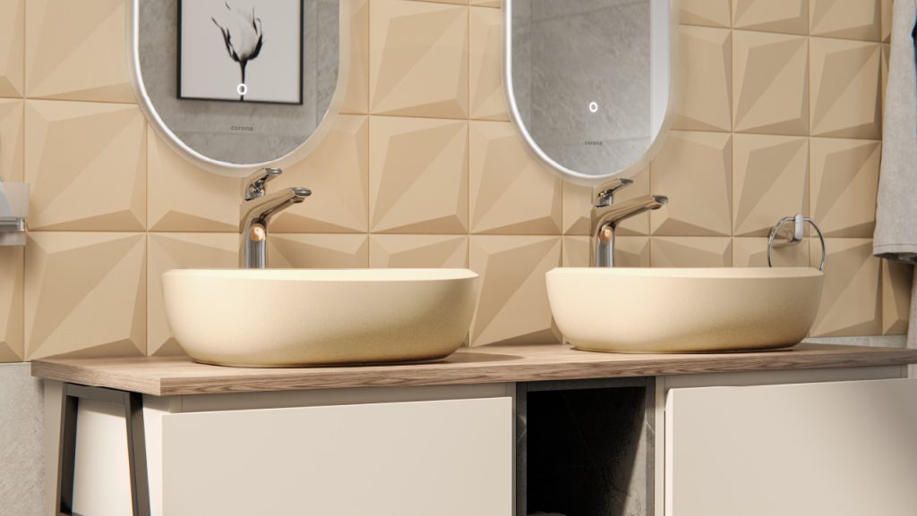 Ambiente baño Corona con decorado Orikata Arena 3D, lavamanos vessel Duna y grifería Cascade.