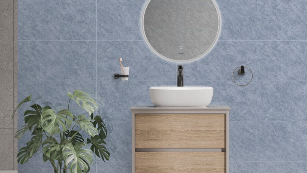 Ambiente baño Corona con baldosa Germania, mueble, lavamanos y grifería mate black Cascade.