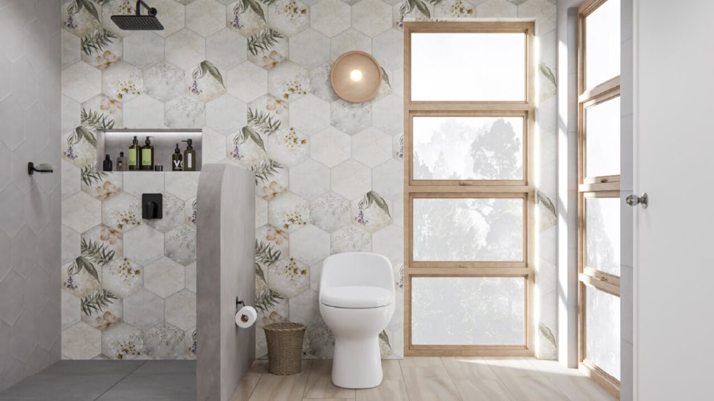 Ambiente Baño Corona con hexágono Hierbabuena y sanitario Cascade.