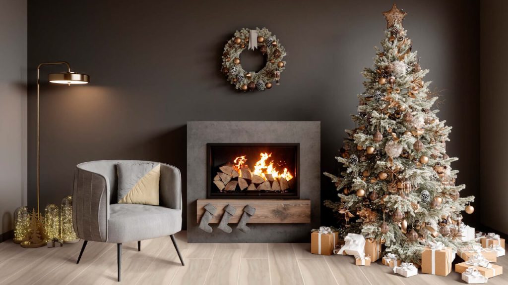 Decoración navideña en sala con ambiente Corona