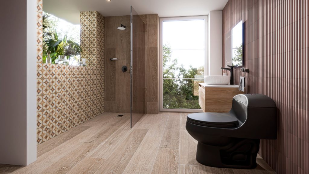 Ambiente baño Corona con sanitario Montecarlo Novo, lavamanos y grifería Cascade.
