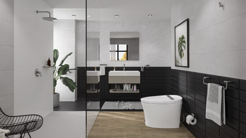 Ambiente baño Corona con sanitario Nyren, Brick gris grafito, pared Harlem gris y mueble Fussion Plus 60 cm con lavamanos.