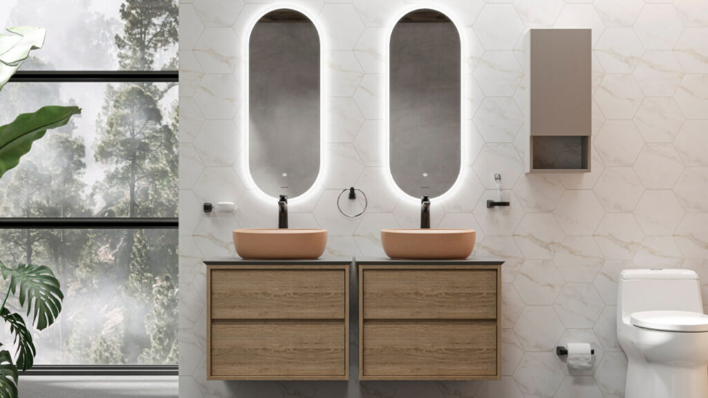 Ambiente baño Corona con espejo Oval Led, mueble Cascade plus 60cm, lavamanos Cascade Vessel Tatacoa y grifería Cascade negro mate.