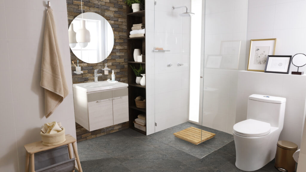 Ambiente baño Corona con piso Samsara Oxido Multitono, pared Vasana Blanco y fachaleta San Francisco.