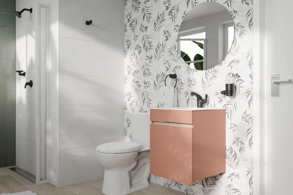 Baño Corona con familia Aluvia (sanitario, mueble con lavamanos y grifería), Mural Sereni Gris y espejo 80 cm.