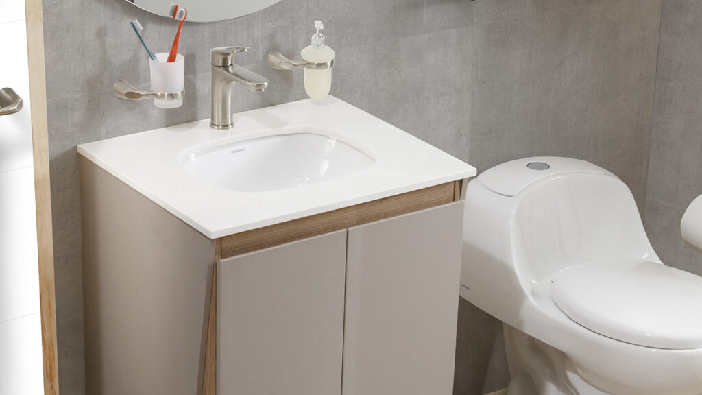 Baño Corona con mueble Cascade Vital y grifería Koral media Niquel.