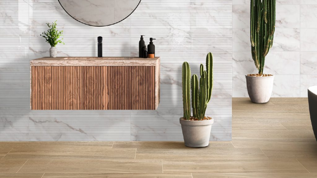 Ambiente baño Corona con piso PORCELANATO® Solari multitono.