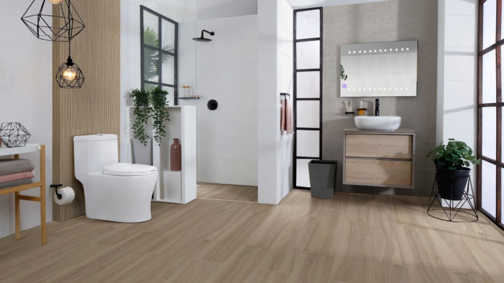 Ambiente baño Corona con piso PORCELANATO® Belfort Miel.