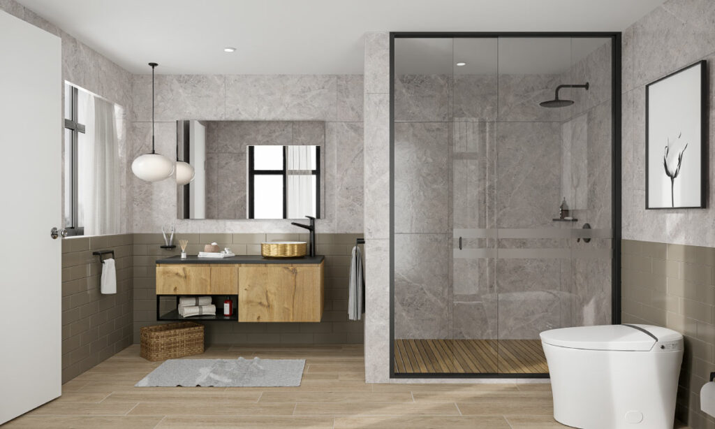 Ambiente Corona con piso PORCELANATO® – Belfort Miel, brick Tórtora, sanitario Nyren y lavamanos Vessel Citrino