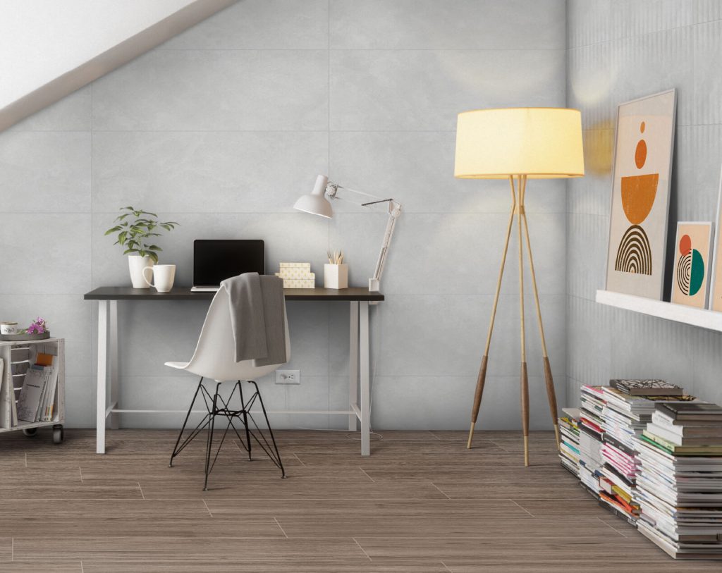 Ambiente estudio Corona con revestimiento con Pared Plana Bramante Gris