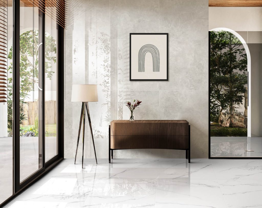 Ambiente sala Corona con piso- pared Sapheda Gold