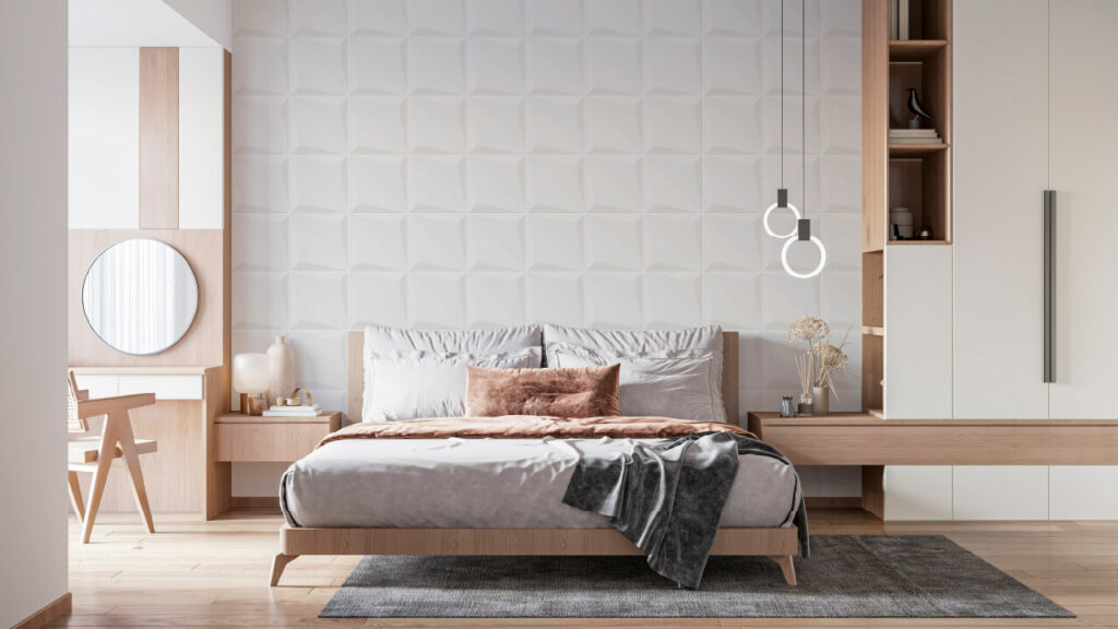 Ambiente habitación Corona con pared Orikata 3D blanco
