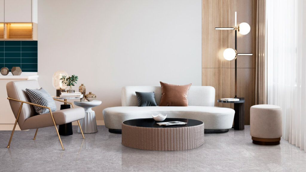 Ambiente sala Corona con piso Oasis gris
