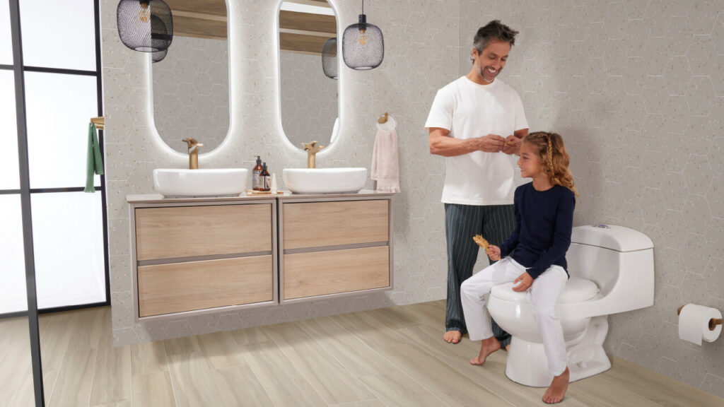 Ambiente baño Corona con piso pared hexágono Atlantis Arena, Mueble Cascade Plus 70 cm y espejo Oval led 40×100 cm