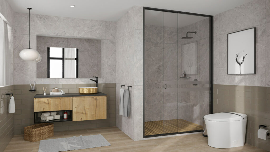 Ambiente Corona con piso Porcelanato Belfort Miel, brick Tórtora, sanitario Nyren y lavamanos Vessel Citrino
