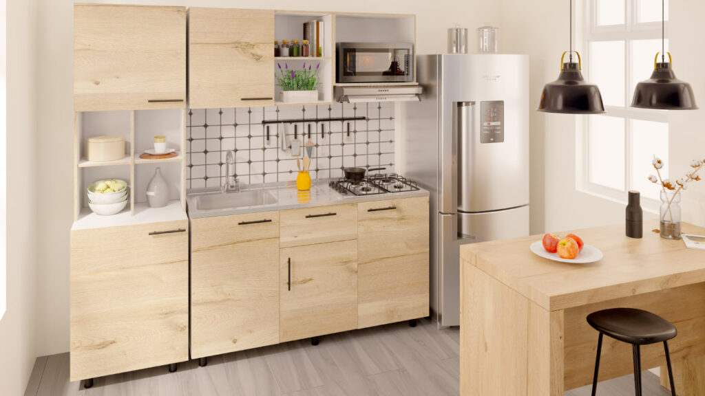 Cocina con salpicadero moderno y geométrico