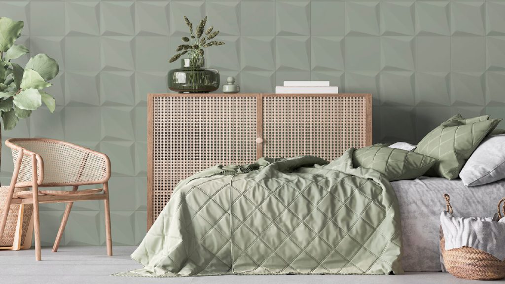 Ambiente Corona con Pared Orikata 3D Verde Salvia.