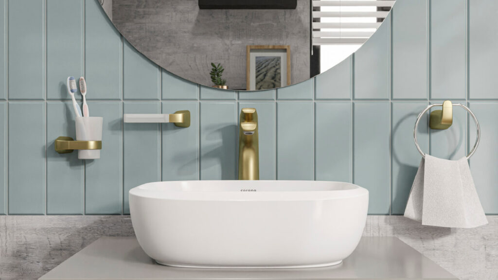 Ambiente baño Corona con lavamanos Cascade Vessel, accesorios Cascade y Lavamanos Monocontrol Cascade Alta