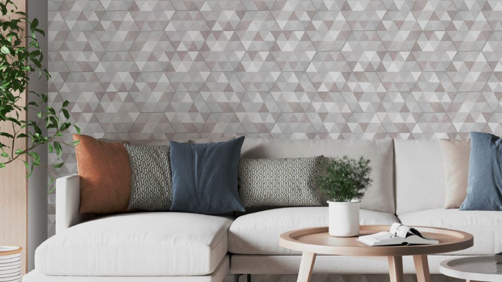 Ambiente sala Corona con pared hexágono Invierno.