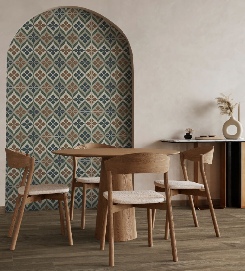 Ambiente comedor Corona con arco decorado con pared Fez Flores Multicolor.