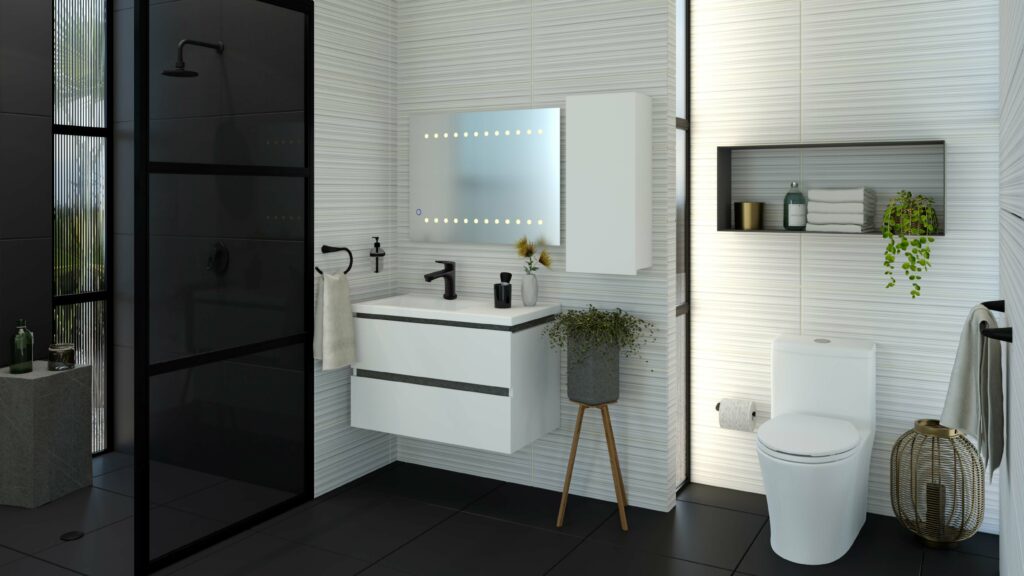 Baño Corona con grifería monocontrol Koral media mate black.