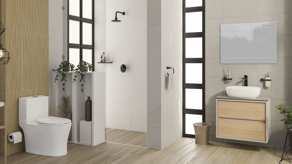 Baño Corona con grifería y ducha Koral Alta Mate Black, mueble y lavamanos Cascade y sanitario Burgos.