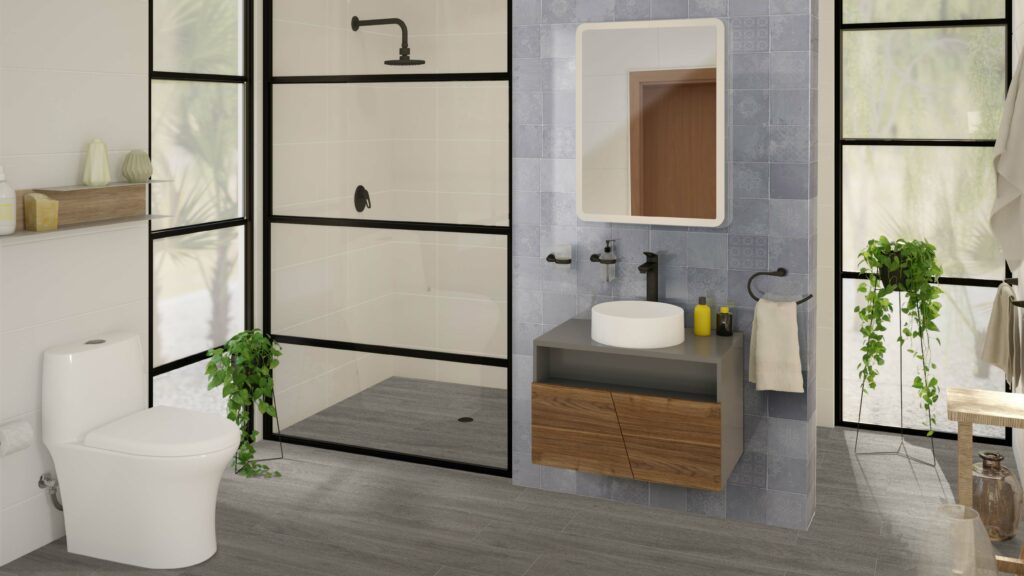 Baño Corona con pared romera azul, mueble plus vessel  y ducha Koral Mate Black.