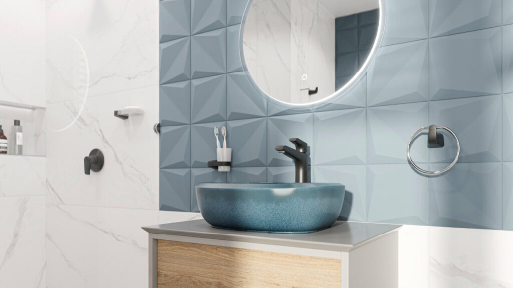 Baño Corona con lavamanos Cascade Vessel Pacífico, grifería Cascade alta mate black y pared Orikata 3D aguamarina