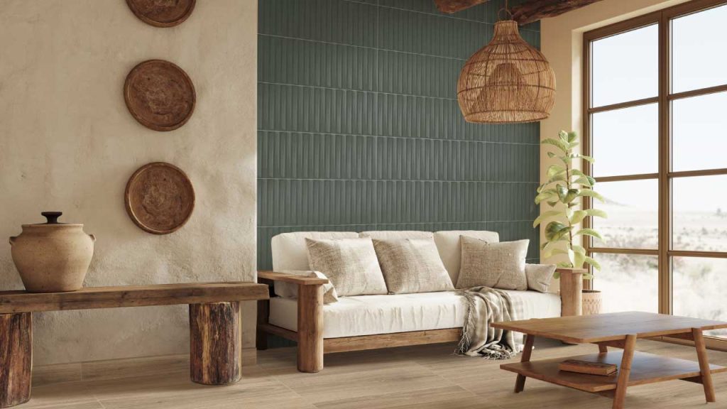 Sala en tonos verdes y beige estilo color block