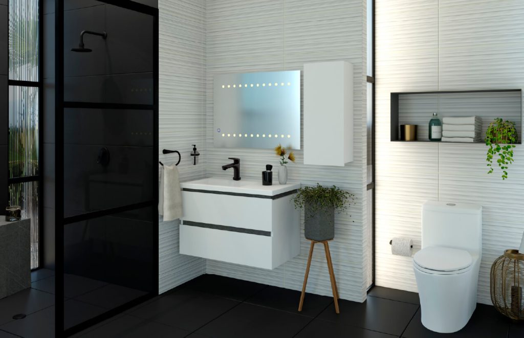 Ambiente baño Corona con piso Porcelanato Artik negro.