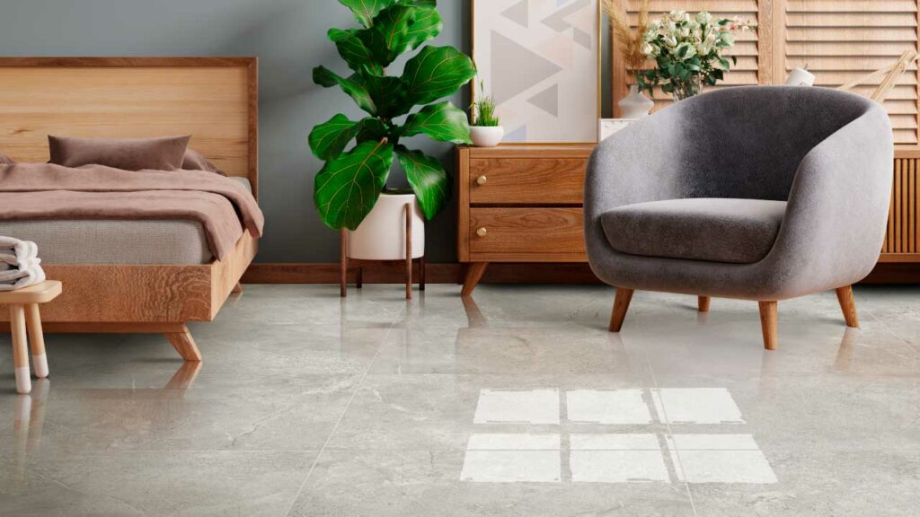 Ambiente habitación Corona con Piso Porcelanato Botticelli gris.