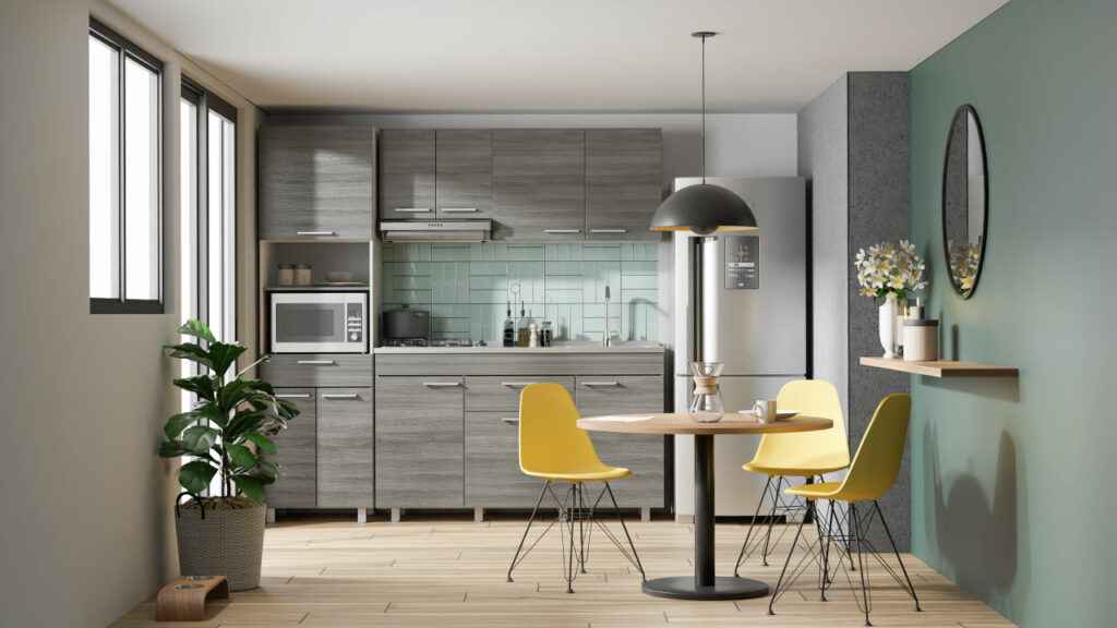 Ambiente Corona con Cocina Oslo, bricks Vitro blanco y grifería para lavaplatos Aluvia