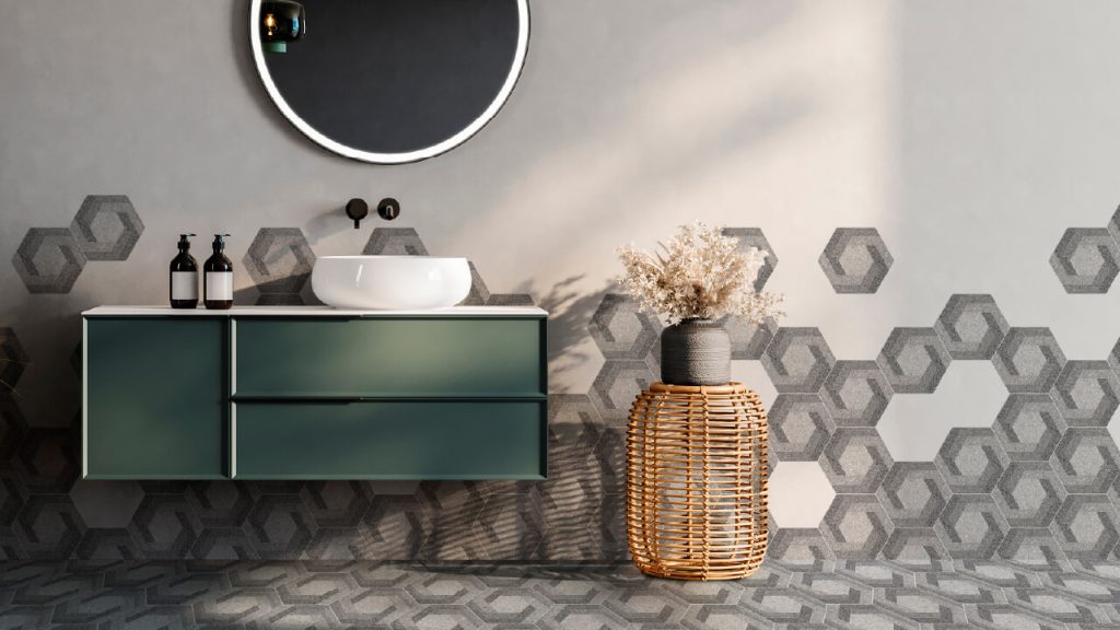 Ambiente baño Corona con Hexágono Volcano Gris en piso y pared