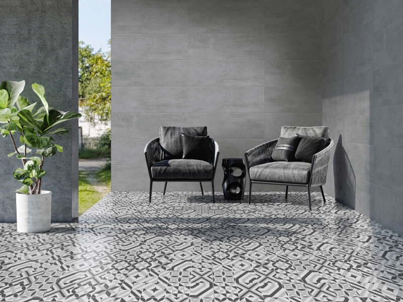 Patio exterior moderno en tonos grises