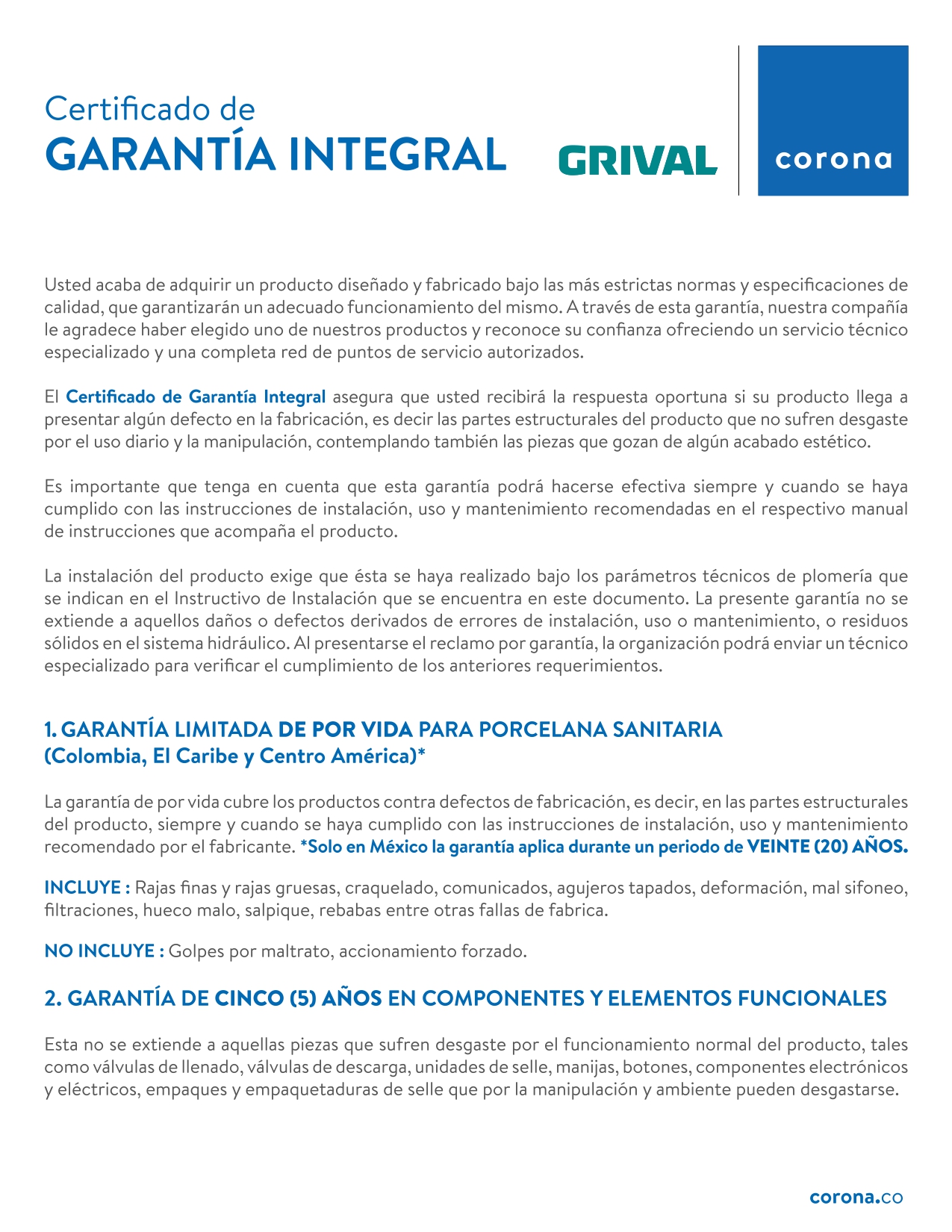 Certificado de garantía integral Grival Corona